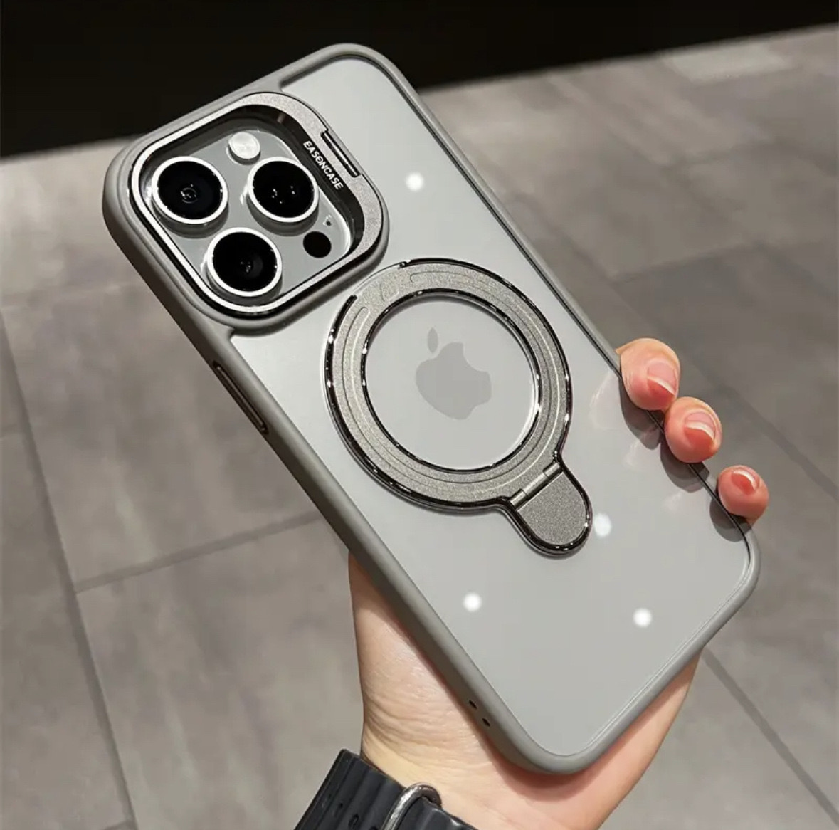 立立　iphone14promaxケース カーバー TPU カメラ保護　ワイヤレス充電　スタンド　お洒落　グレー