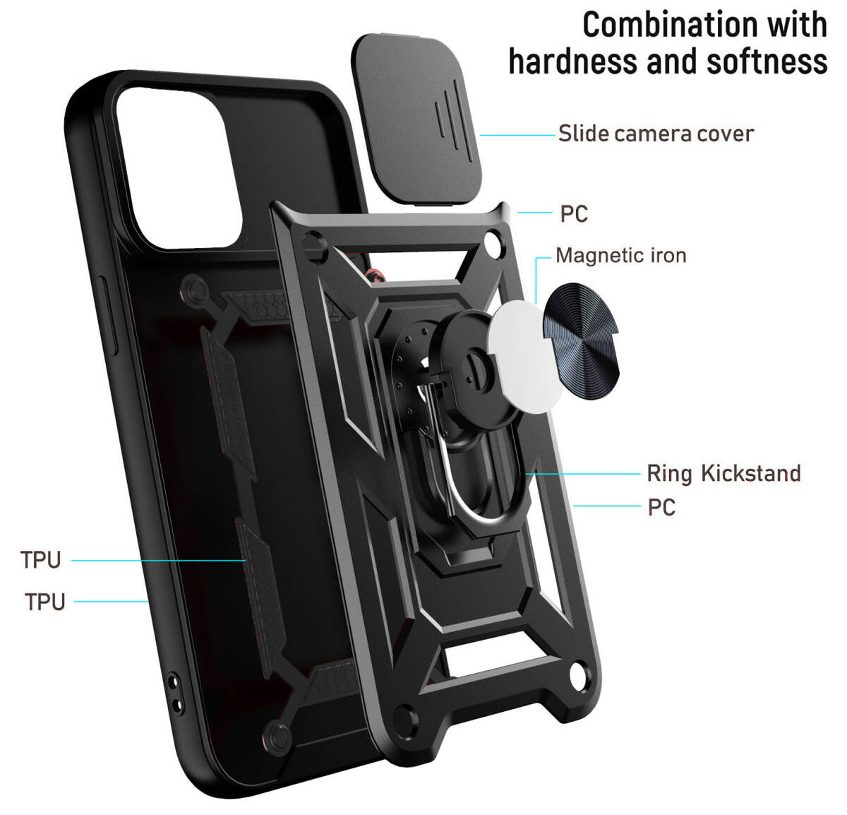 iphone13promaxケース カーバー TPU 可愛い　お洒落　韓国　　リング　ブラック　カメラ保護　軽量 ケース 耐衝撃405