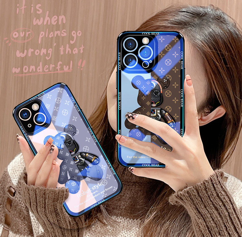 iphone16plusケース カーバー TPU 可愛い　熊　ガラス　お洒落　軽量 ケース 耐衝撃高品質ブルー492