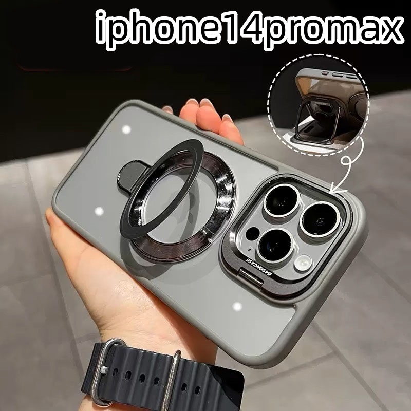 立立　iphone14promaxケース カーバー TPU カメラ保護　ワイヤレス充電　スタンド　お洒落　グレー