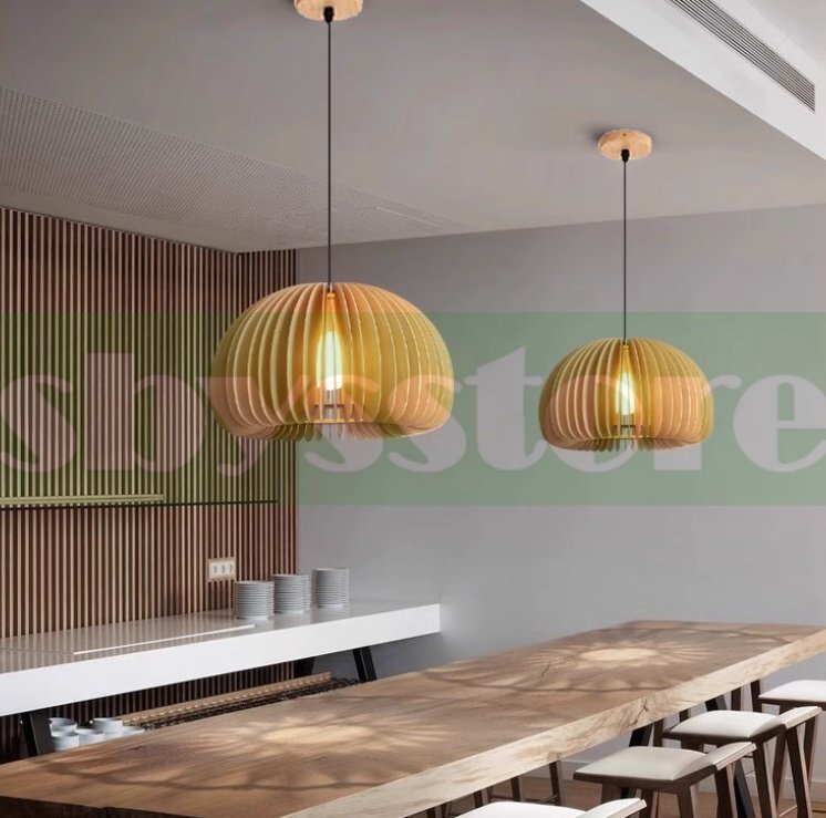 レストラン シャンデリア 天然木制 侘寂風 寢室ライト 和風 南瓜ランプ バーカウンター インフルエンサー向けライト 三色調整可能 50cm