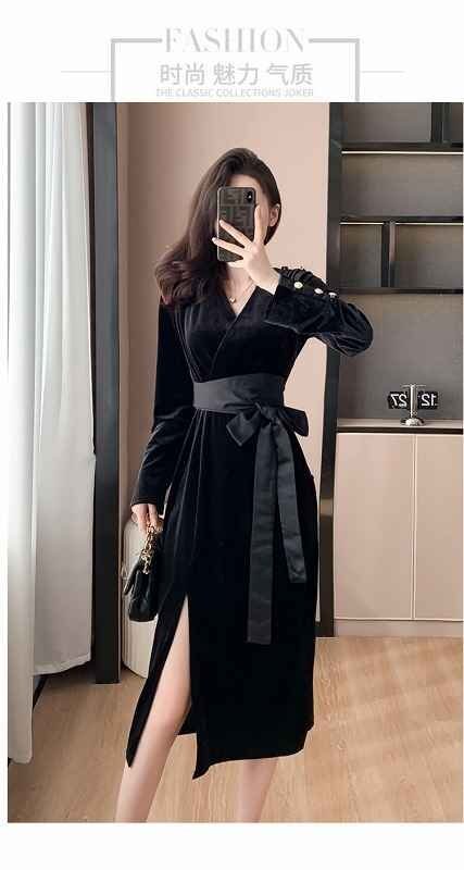  длинный рукав One-piece оборка платье одноцветный простой красивый . casual осень-зима XL черный 