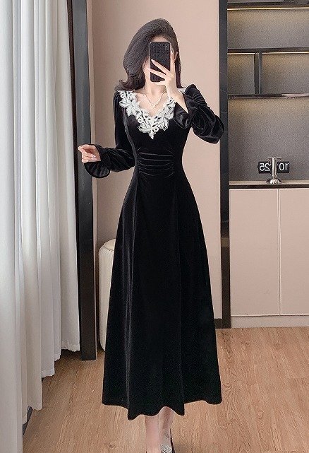 ロングワンピース 長袖 フリル シック ドレス レディース 2XL ブラック