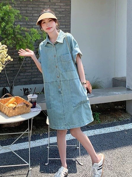 デニムワンピース ミニワンピース ショートワンピース 半袖 シンプル カジュアル レディース L ライトブルー