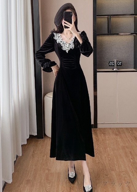 ロングワンピース 長袖 フリル シック ドレス レディース 2XL ブラック