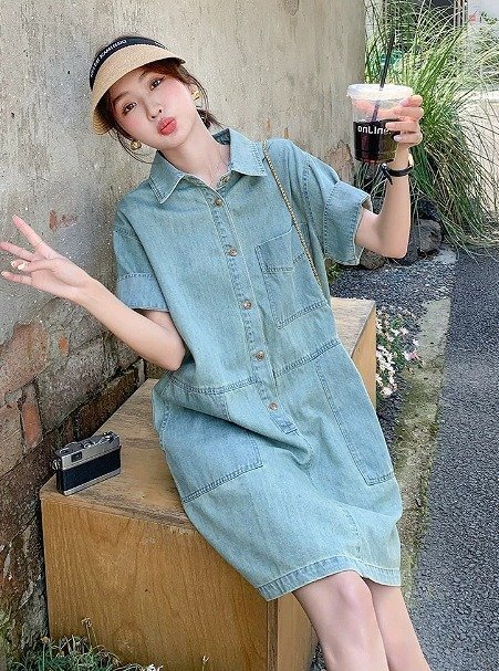 デニムワンピース ミニワンピース ショートワンピース 半袖 シンプル カジュアル レディース L ライトブルー