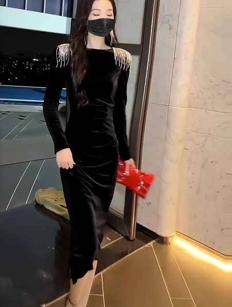 長袖ワンピース タイトワンピ セクシー ドレス 無地 シンプル ゴージャス 秋冬 L レッド