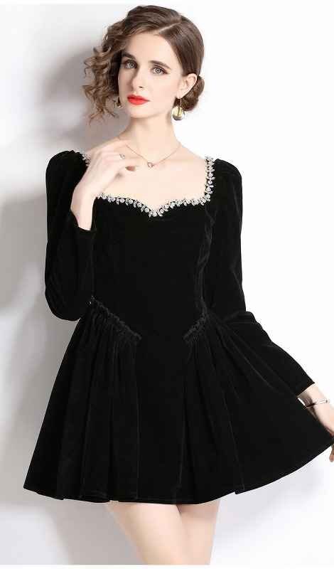  длинный рукав One-piece оборка платье minivan pi простой casual одноцветный осень-зима [ большой размер есть ] 2XL черный 