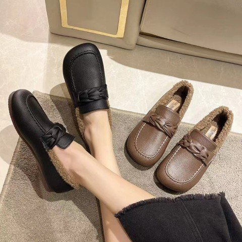 женский Trend обратная сторона ворсистый casual приятный .. Flat mo Como ko нежный ботинки 23.5cm(37) чёрный 