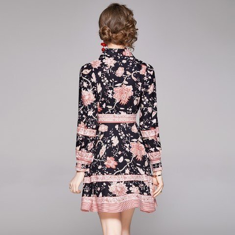  Mini One-piece длинный рукав оборка цветочный принт лента симпатичный женский XL черный 