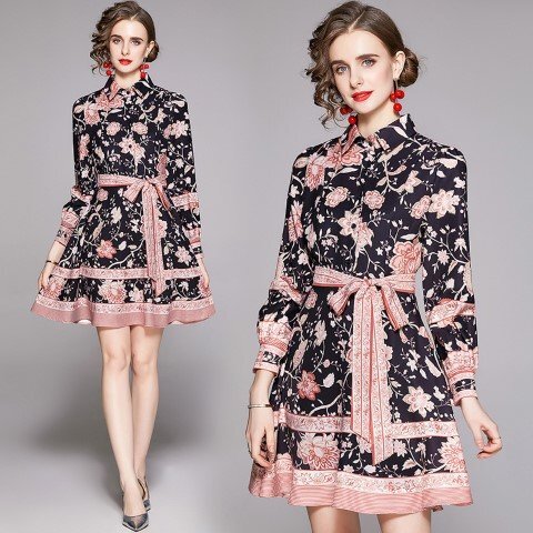  Mini One-piece длинный рукав оборка цветочный принт лента симпатичный женский XL черный 