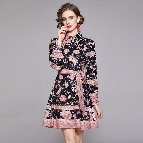  Mini One-piece длинный рукав оборка цветочный принт лента симпатичный женский XL черный 