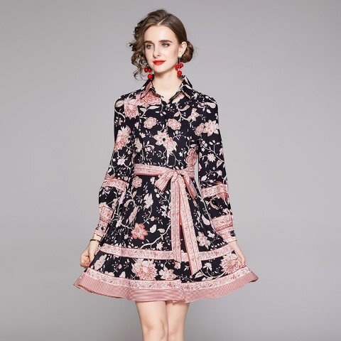  Mini One-piece длинный рукав оборка цветочный принт лента симпатичный женский XL черный 