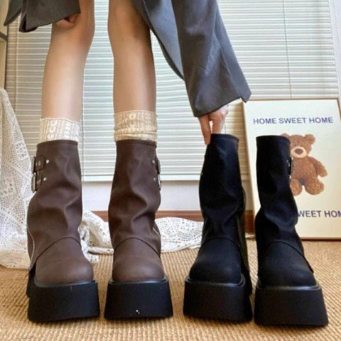  женский обувь сапоги двойной ремень покрытие ботинки короткие сапоги engineer boots 23.5cm(37) длинный / чёрный 