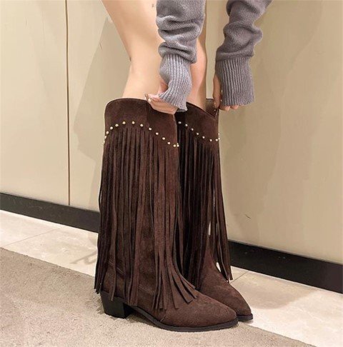  сапоги Western бахрома заклепка V порт девушка женская обувь [42]26cm Brown 