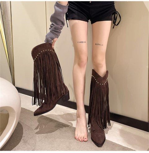  сапоги Western бахрома заклепка V порт девушка женская обувь [36]23cm Brown 