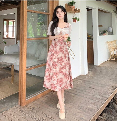 ファッションワンピース M フラワー_画像1