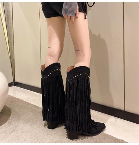  сапоги Western бахрома заклепка V порт девушка женская обувь [36]23cm Brown 