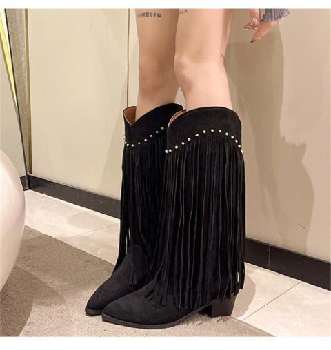  сапоги Western бахрома заклепка V порт девушка женская обувь [35]22.5cm черный 