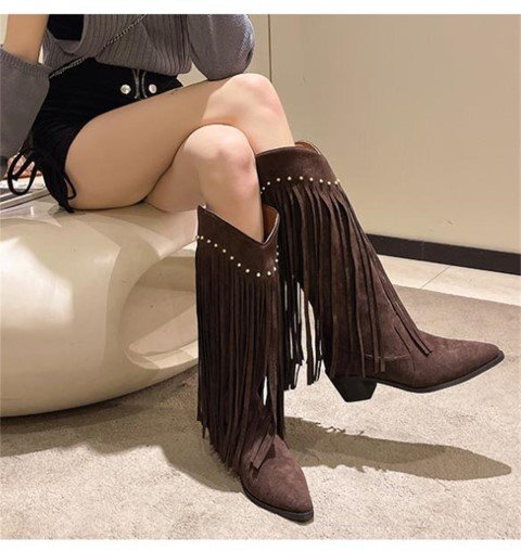  сапоги Western бахрома заклепка V порт девушка женская обувь [36]23cm Brown 