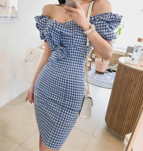  Mini платье Mini One-piece короткий платье off плечо тугой платье .. рисунок серебристый жевательная резинка проверка XL голубой 