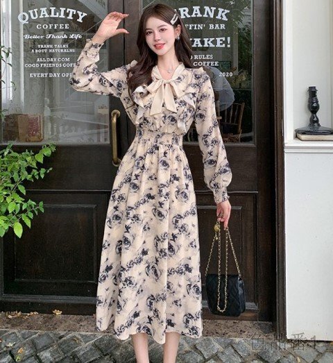 長袖ワンピース フリルワンピ かわいい フェミニン ガーリー リボン お嬢様 L 花柄