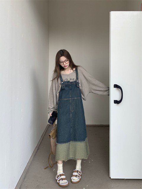 デニムワンピース ジャンパースカート サスペンダースカート L ワンカラー