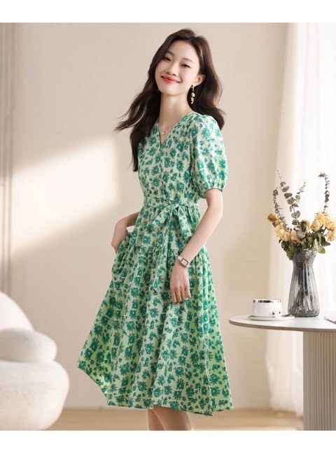 大人かわいい花柄 パフスリーブワンピース L グリーン