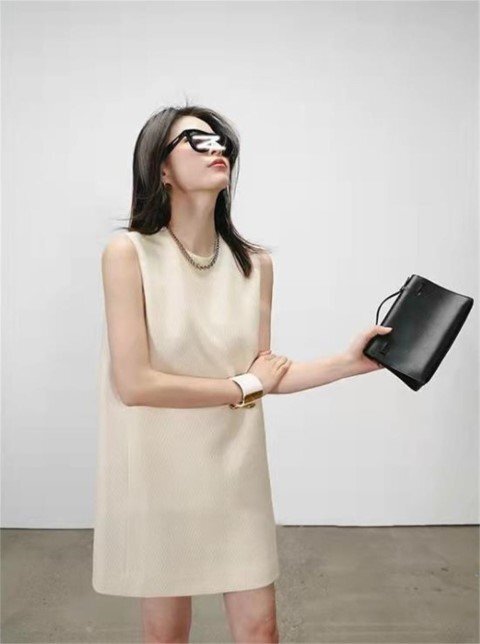袖なしワンピ ミニワンピース ノースリーブ ベストワンピ 清楚 カジュアル かわいい 夏 L ベージュ