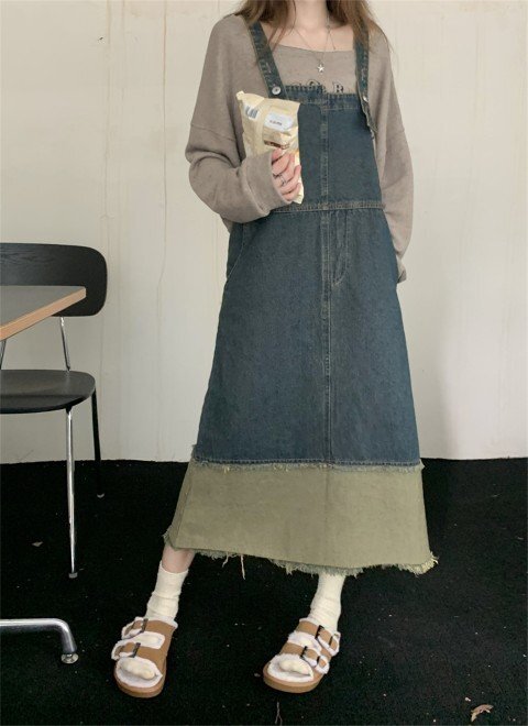 デニムワンピース ジャンパースカート サスペンダースカート L ワンカラー