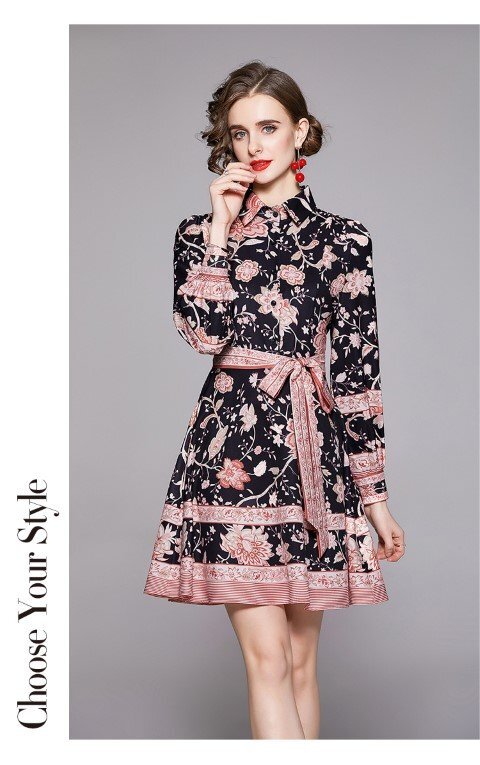  Mini One-piece длинный рукав оборка цветочный принт лента симпатичный женский XL черный 