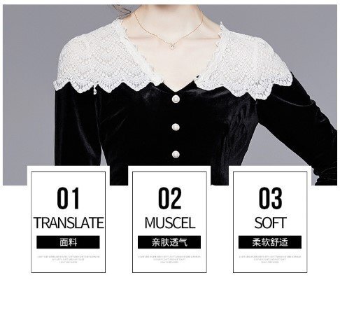 ひざ丈ワンピース ミディアム丈ワンピース 長(zhǎng)袖 ベルベット レース レトロ きれいめ お出かけ レディース L ブラック