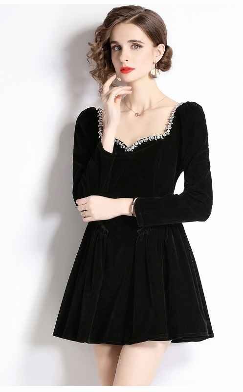  длинный рукав One-piece оборка платье minivan pi простой casual одноцветный осень-зима [ большой размер есть ] 2XL черный 