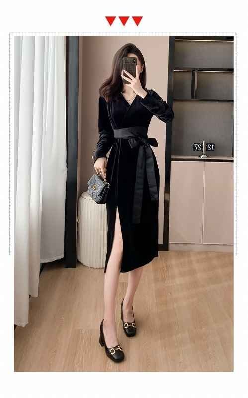  длинный рукав One-piece оборка платье одноцветный простой красивый . casual осень-зима XL черный 