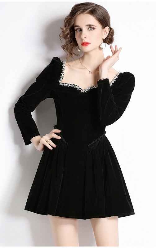  длинный рукав One-piece оборка платье minivan pi простой casual одноцветный осень-зима [ большой размер есть ] 2XL черный 