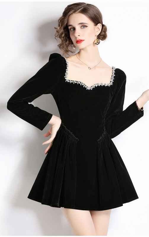  длинный рукав One-piece оборка платье minivan pi простой casual одноцветный осень-зима [ большой размер есть ] 2XL черный 