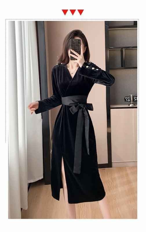  длинный рукав One-piece оборка платье одноцветный простой красивый . casual осень-зима XL черный 