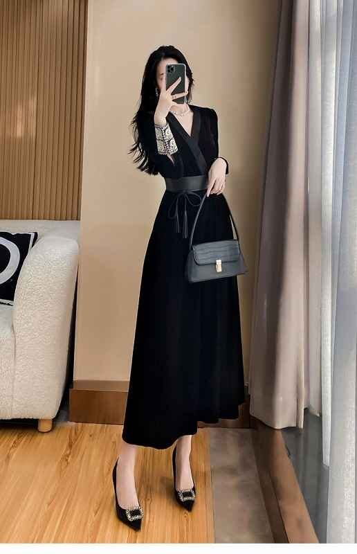  длинный рукав One-piece оборка платье одноцветный простой красивый . casual осень-зима XL черный 