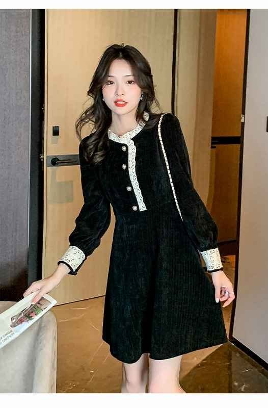 長袖ワンピース フリル ミニワンピ レトロ かわいい レース 秋冬 L ブラック