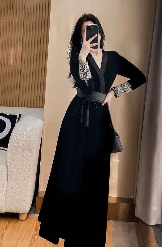  длинный рукав One-piece оборка платье одноцветный простой красивый . casual осень-зима XL черный 