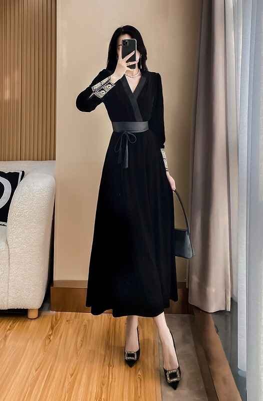  длинный рукав One-piece оборка платье одноцветный простой красивый . casual осень-зима XL черный 