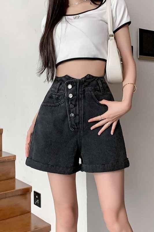 デニムショートパンツ ショーパン ジーパン ハイウエスト 切り替え スリム 著痩せ デニム シンプル XL ブラック