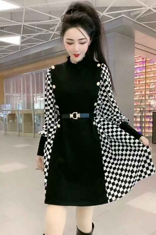  длинный рукав One-piece оборка minivan pi casual .. рисунок серебристый жевательная резинка проверка [ большой размер ] XL черный 