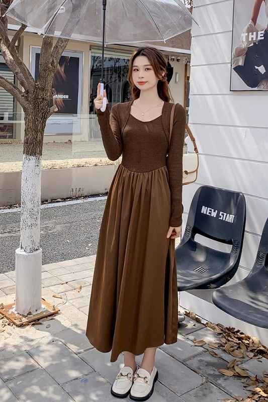 長袖ワンピース フリル ロングワンピ カジュアル 無地 シンプル 秋冬【大きいサイズあり】 M ブラック