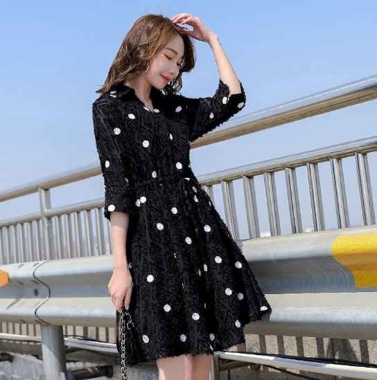 新作 シャツ ワンピース ドレス ドット ミニスカート 結(jié)婚式 デート ふんわり L ブラック