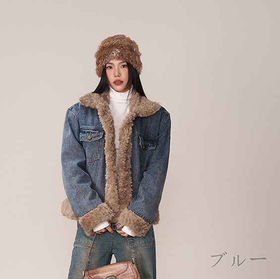 Gジャン ジーンズ ジージャン 長袖ジャケット アウター カジュアル デニム かわいい 秋冬 もこもこ L ブルー