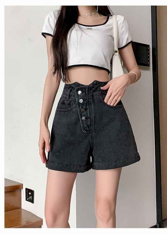 デニムショートパンツ ショーパン ジーパン ハイウエスト 切り替え スリム 著痩せ デニム シンプル XL ブラック