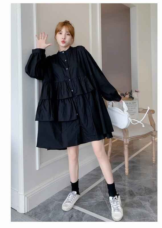  длинный рукав One-piece оборка minivan pi casual симпатичный [ большой размер есть ] 3XL черный 