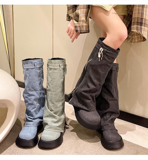  сапоги kau Boy ботинки толщина низ простой casual женская обувь [36]23cm голубой 