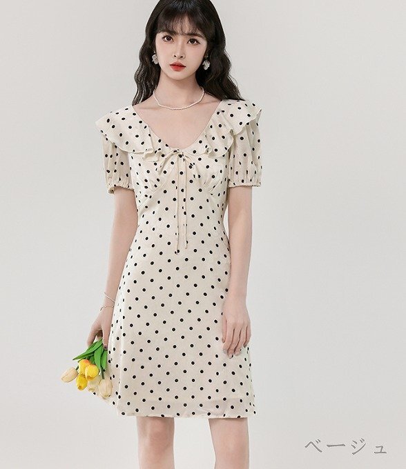  Mini One-piece Short One-piece короткий рукав оборка лента точка рисунок простой casual женский 2XL бежевый 